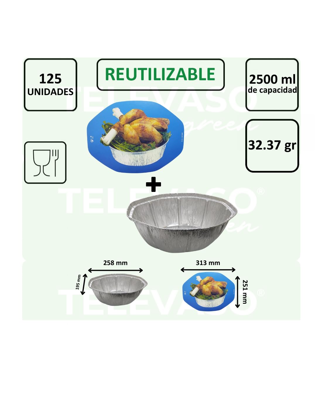 125 uds - Envase/recipiente de aluminio oval para pollo asado + tapas - Capacidad 2500 ml y tamaño 192 x 137 x 84 mm - Bandejas reciclables, apto para altas temperaturas