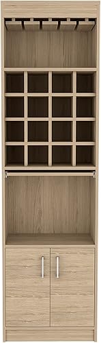 Miniatura 4 de Royard Oaktree Armario alto de bar con 16 estantes de vino y soporte para vasos, armario de licor de granja con 2 puertas, estante abierto, bandeja