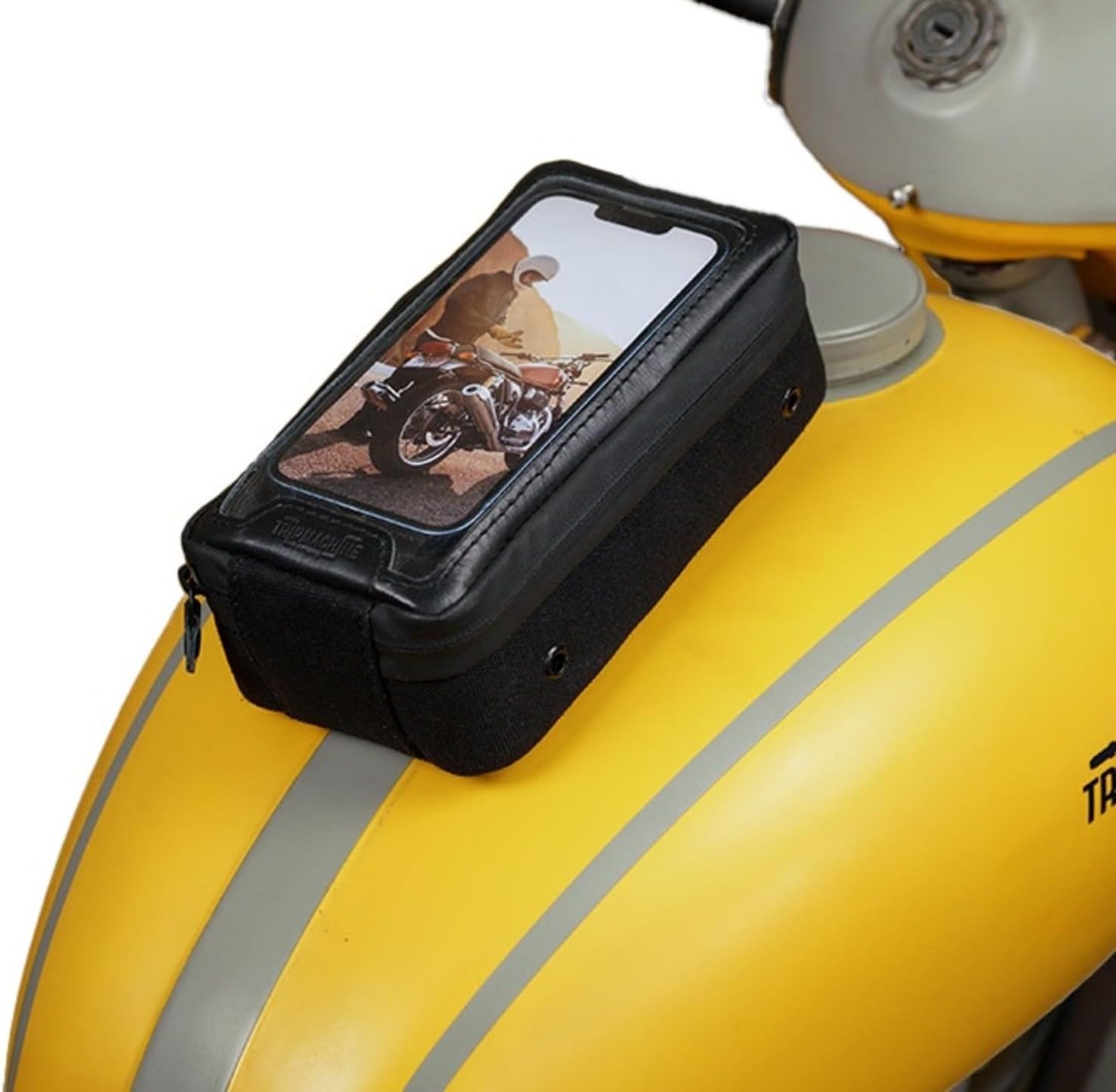 Navigator Magnetic Motorcycle Tank Pouch with Touch-Friendly Phone Holder | Anti Slip Maps Navigation Pouch Compatible with Royal Enfield, Honda, Bajaj, TVS, Jawa, Triumph - All Black
