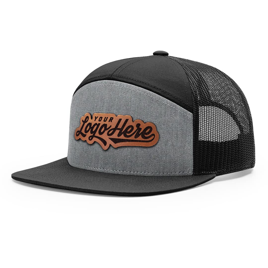 Custom Leather Patch Hat Flat Bill 7 Panel Trucker Laser Engraved (Heather Grey/Black)