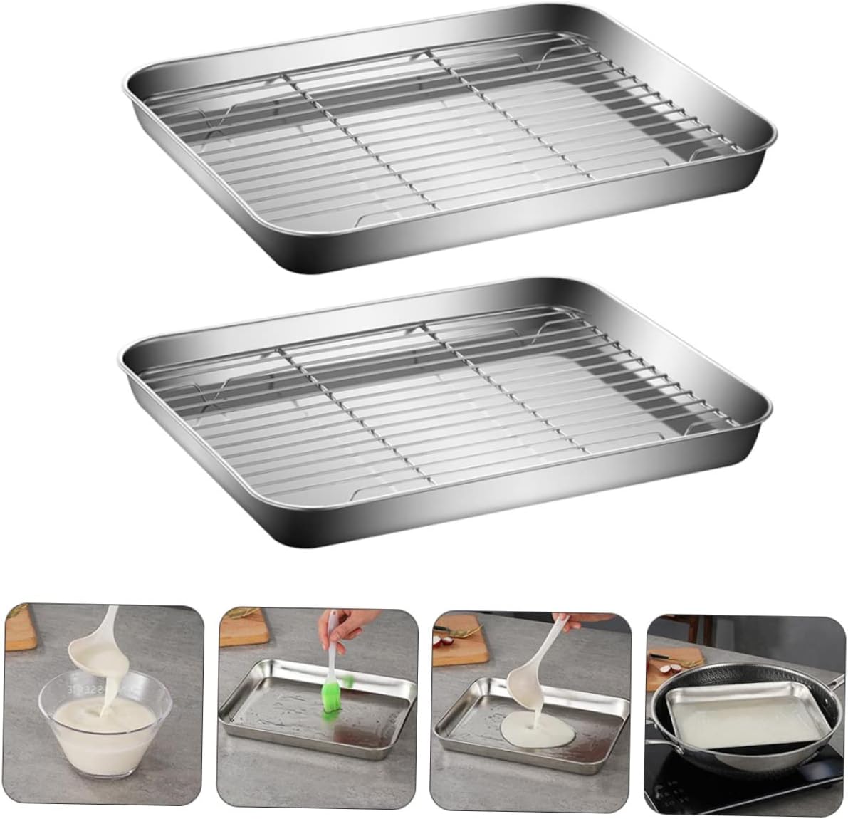 2sets Stainless Steel Baking Tray with Rack Fryer and Grill Storage Pan for Home Cooking for Draining Steaming and Baking Vegetables and Meats
