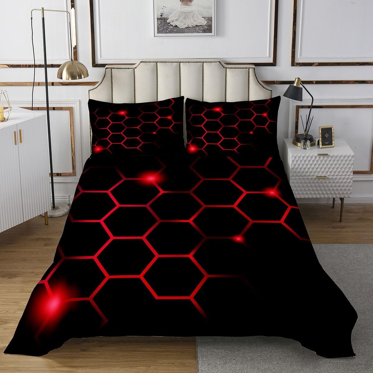 Feelyou Hexagonal Quilt Set Honeycomb Bedspread for Kids Girls Children Boys Geometric Hexagon Coverlet Set Luxury Neon Red Black Beehive Decor Quilted Room Decor King Size Bedroom Collection 3Pcs
