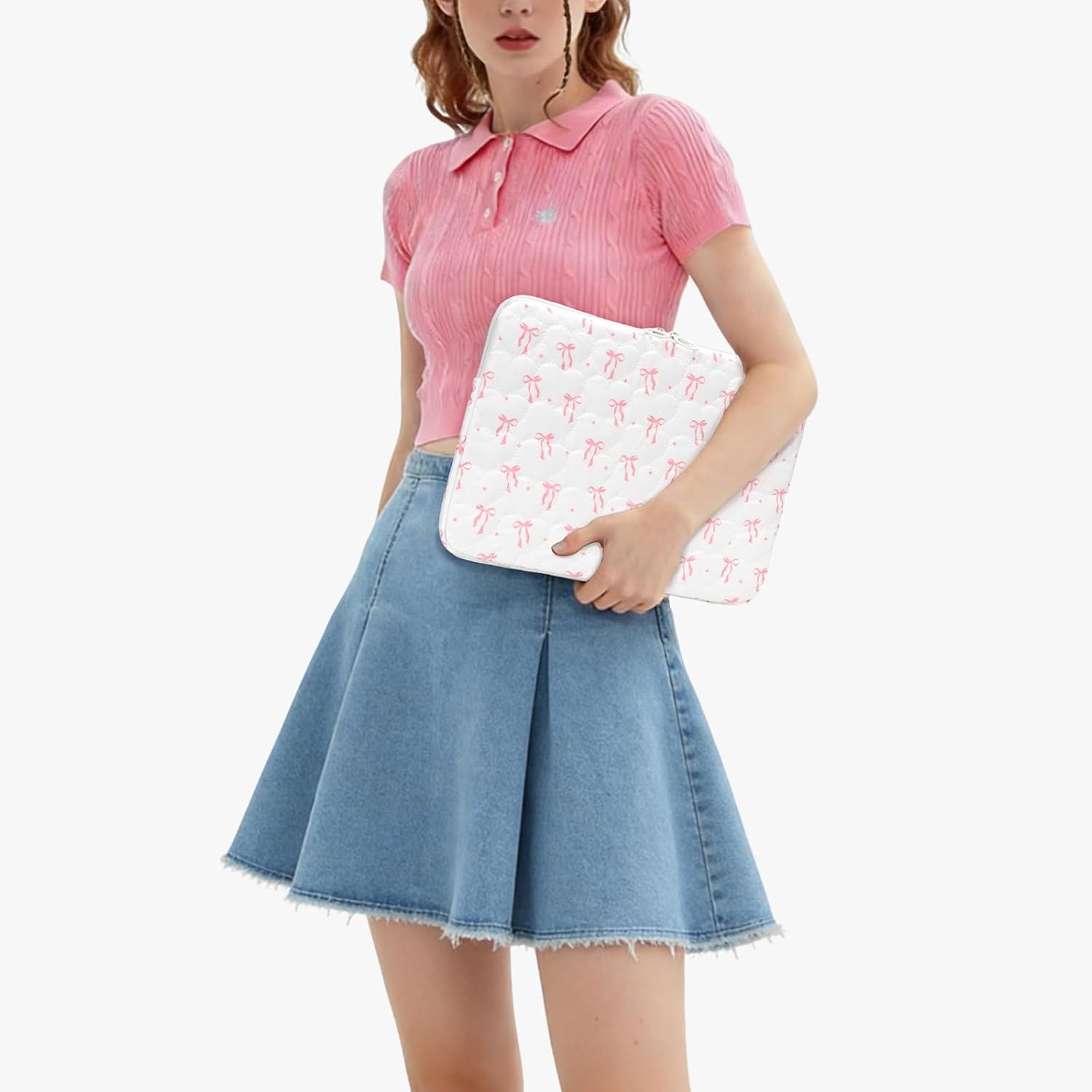 Cute Bow Puffy Laptop Sleeve 13-15 Inch Cute Quilted Laptop Protective Case Padded Bow Computer Sleeve for MacBook - Image 4