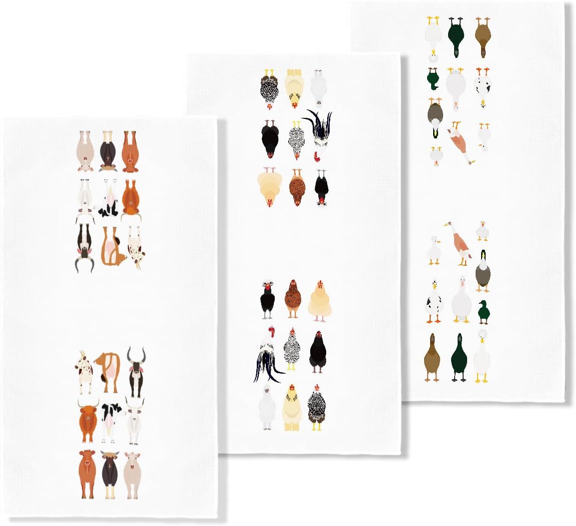 3Pcs Chicken Kitchen Towels 24×14 Inch, Cattle Duck Decor Waffle Weave Hand Towels for Kitchen Bathroom Farmhouse, Reusable Cleaning Dish Cloth Tea Towel, Housewarming Gifts for Women Mom Friend