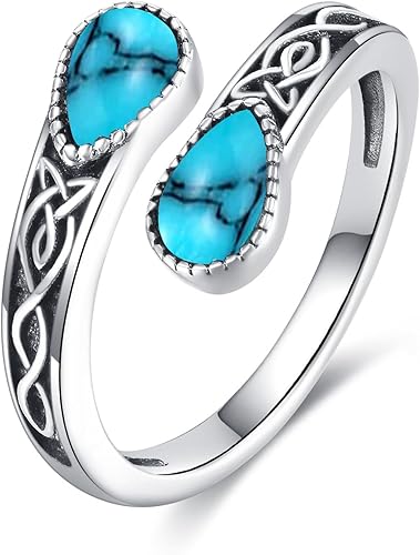 Anillo de plata de ley 925 con cuchara celta de ágata musgo, turquesa, piedra lunar, piedra lunar, malaquita, ajustable, regalo de joyería vintage