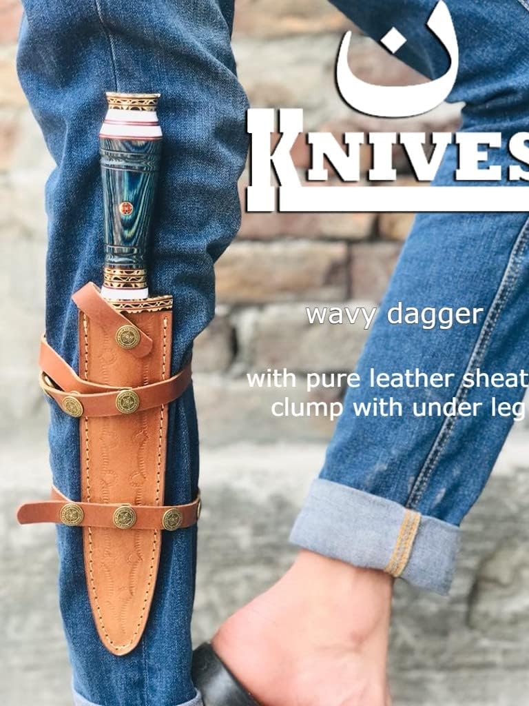 custom Hand Made Damascus Steel Collectible wavy dagger Knife (blue)