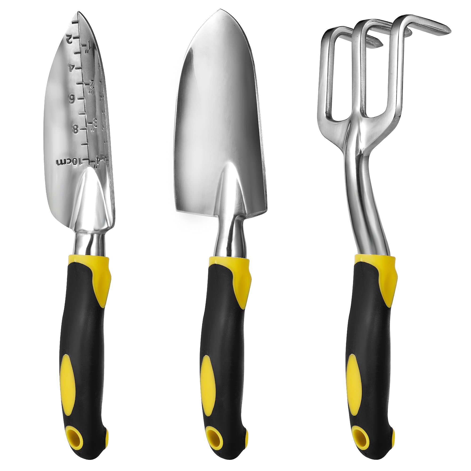 Sinoer 3Pcs Garden Tool Set, Gardening Tools - Hand Trowel, Transplant Trowel and Cultivator Hand Rake with Soft Rubberized Non-Slip Handle - Best Gardening Gifts