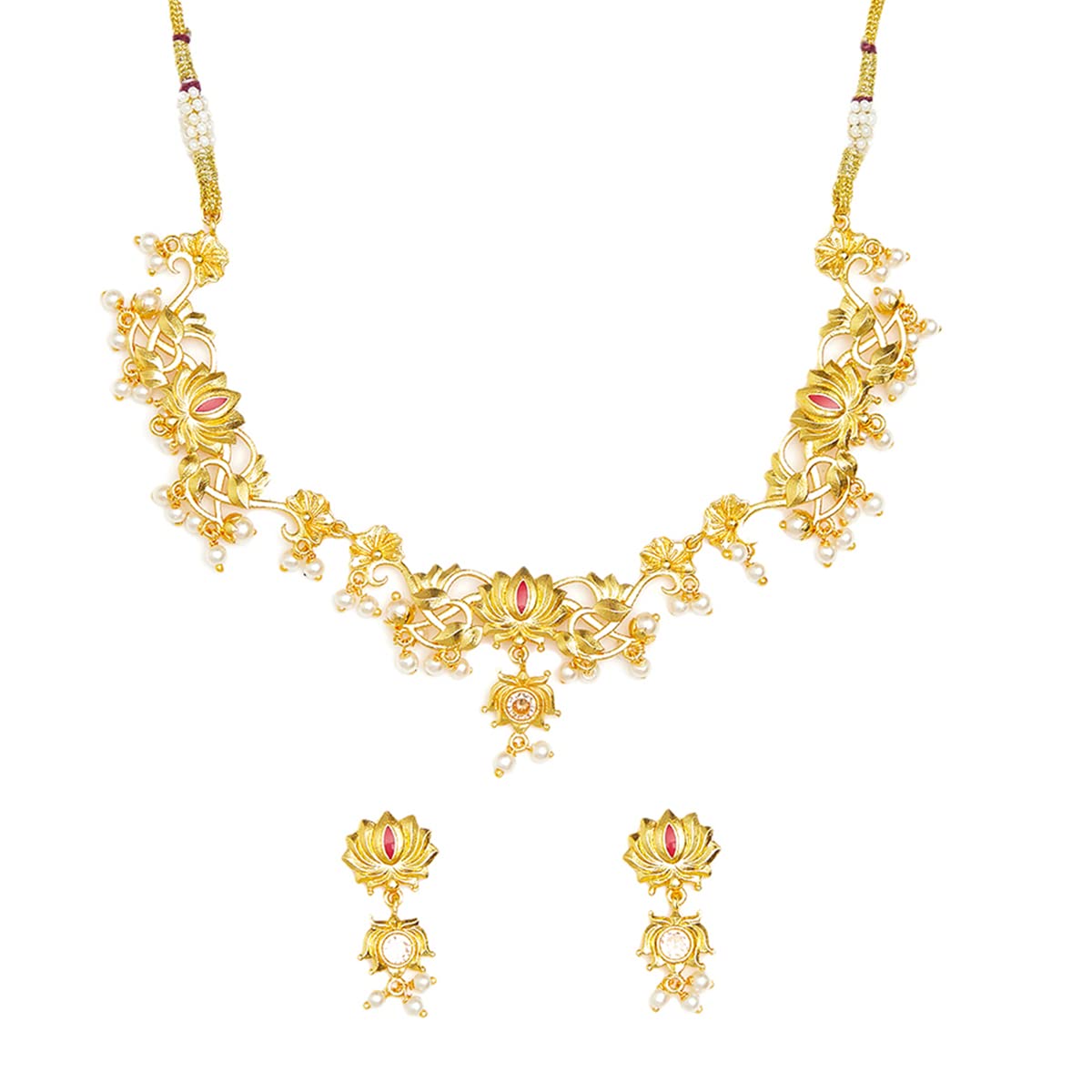 voylla VoyllaApsara Faux Pearls Adorned Brass Lotus Motifs Gold Plated Jewellery Set-picture-37