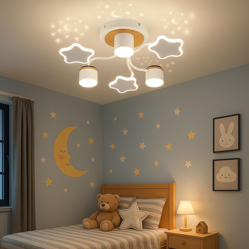 Deckenleuchte Kinderzimmer mit Sternenhimmel Projektor, LED Deckenlampe Dimmbar mit Fernbedienung, 24W 2400lm, Farbtemperatur Einstellbar 3000–6500K, Nachtlicht, Timer & Memory-Funktion
