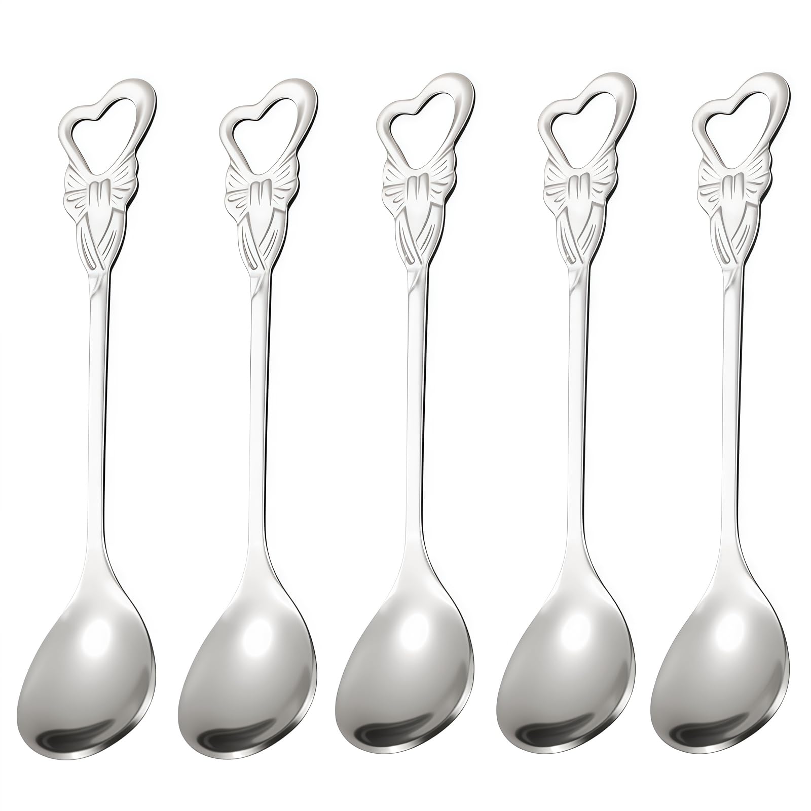SamHeng Heart Shape Coffee Spoons, 5 PCS Stainless Steel Dessert Spoons Small Teaspoons for Stirring Espresso Cocktail Cake Ice Cream for Home Coffee Shop, Silver
