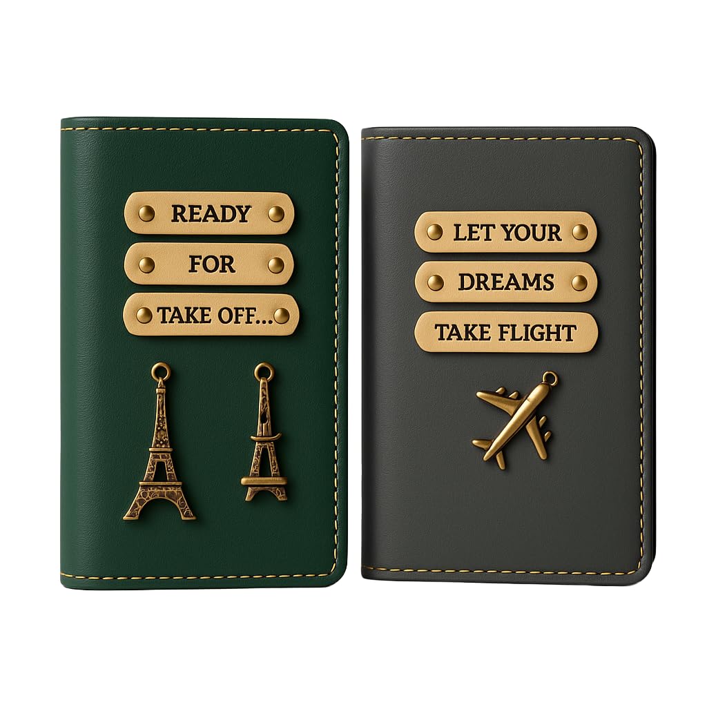 Personalized Leather Passport and Document Holder Set, Classic Bifold Design with Gold Charms, Travel Wallet with Card Slots. (Green & Grey)-image-14