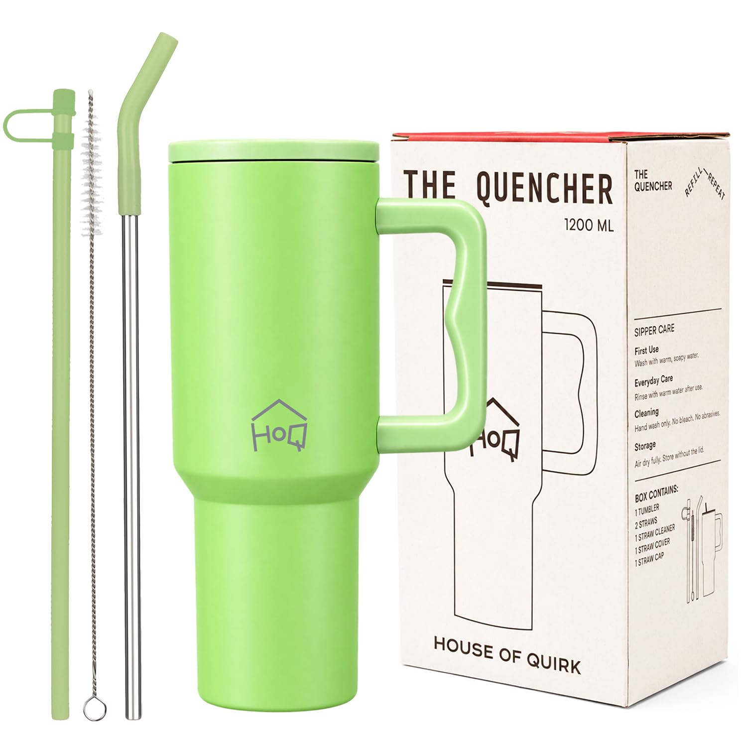 House of Quirk 1200ML Stainless Steel Tumbler with Handle & Lid, 2 Straws – Large Travel Mug Water Cup for Gym, Office & Outdoor Use (Green)