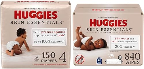 Paquete de pañales Huggies Skin Essentials para bebé, talla 4 (22-37 libras), 150 unidades + toallitas para bebé Huggies Skin Essentials,