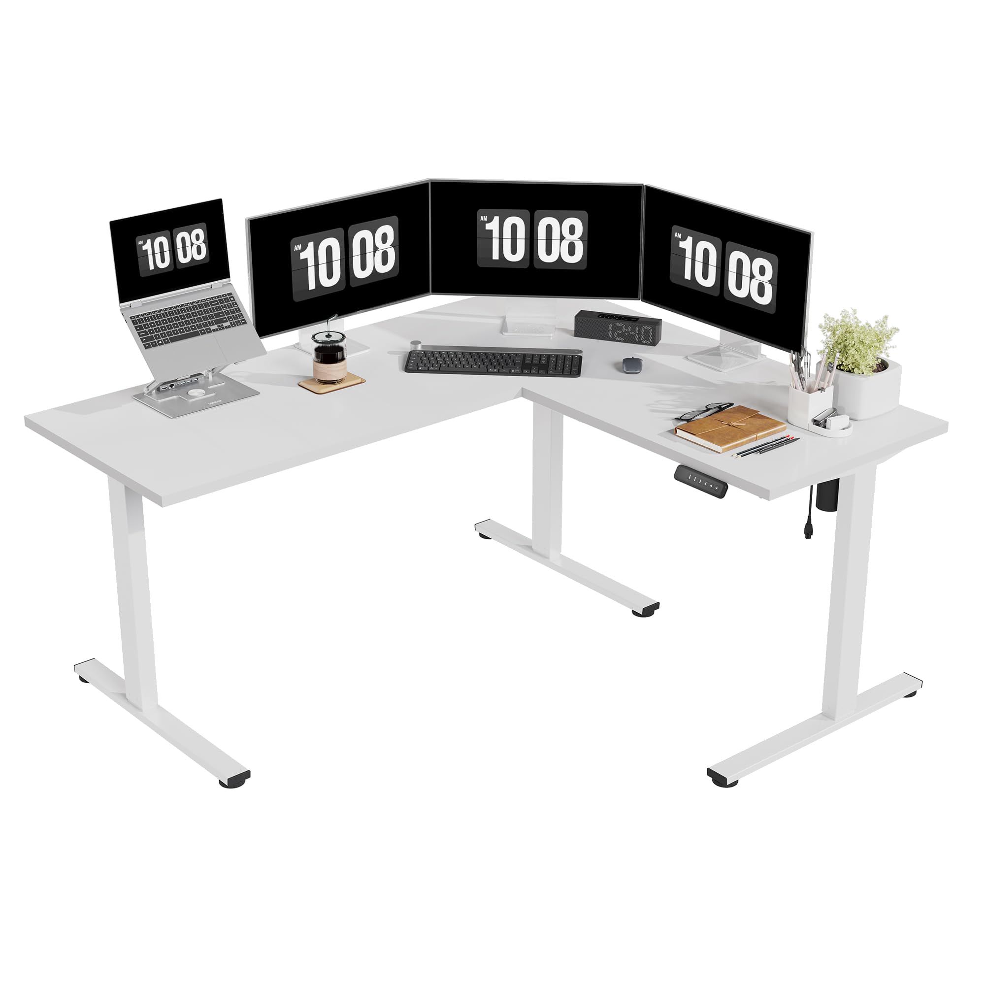 SANODESK Electric Corner L-Shaped 63 x 55 in Standing Desk, Memory Height Adjustment, White Top White Frame