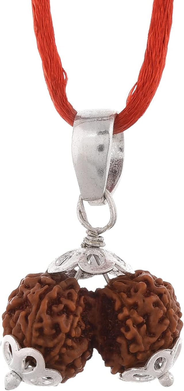 Amorfos Gauri Shankar Rudraksha Pendant with Silver Coated Capping and Lab Certificate (Indonesian)