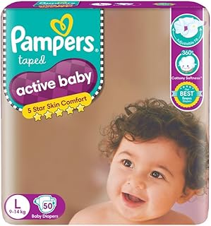 Pampers Active Baby Taped Diapers, Large size diapers, (L) 50 count, taped style custom fit