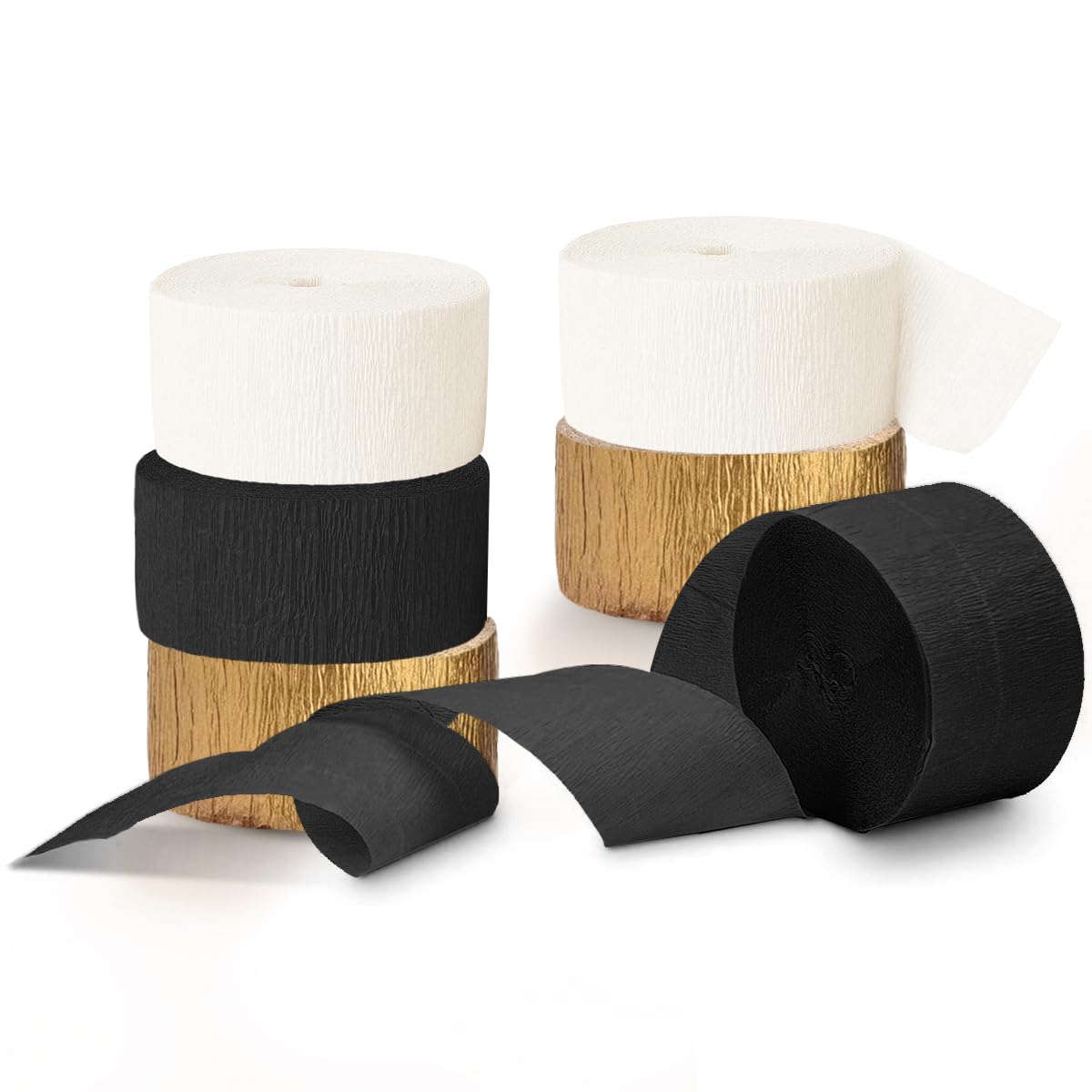 NICROHOME EUR Graduation Season Decorations, 6 Rolls Ivory White Gold Black Crepe Paper Streamers for Wedding, Baby Bridal Shower, Birthday, 82Ft Long
