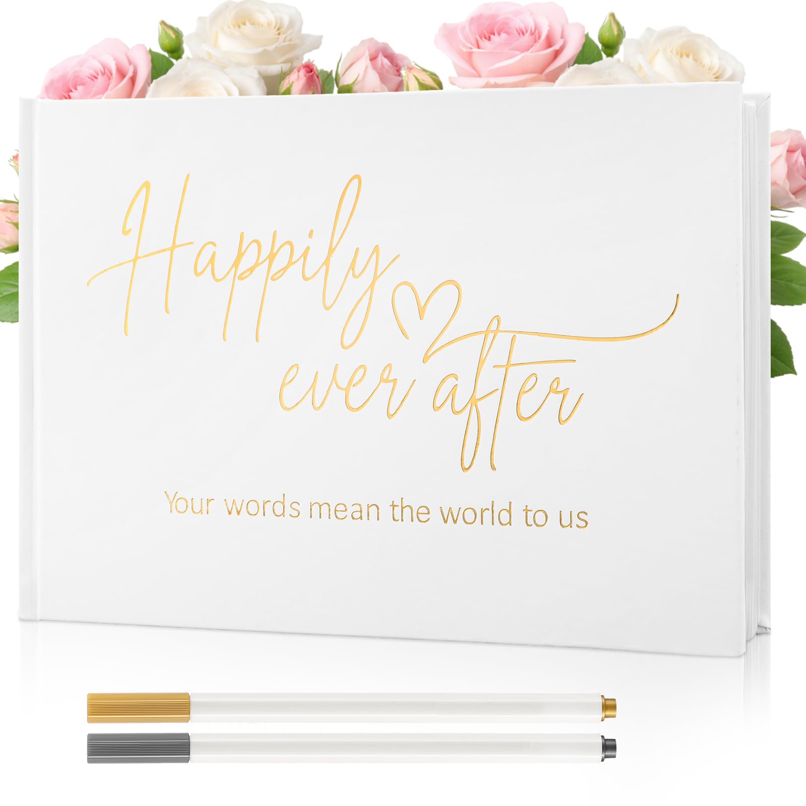 Libro de invitados de boda de cuero elegante con páginas en blanco y bolígrafos dorado y negro