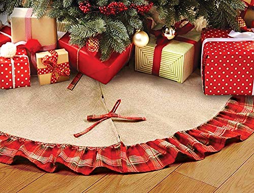 OLYPHAN Burlap Christmas Tree Skirt Rustic Xmas Tree Skirts Red Plaid Ruffle