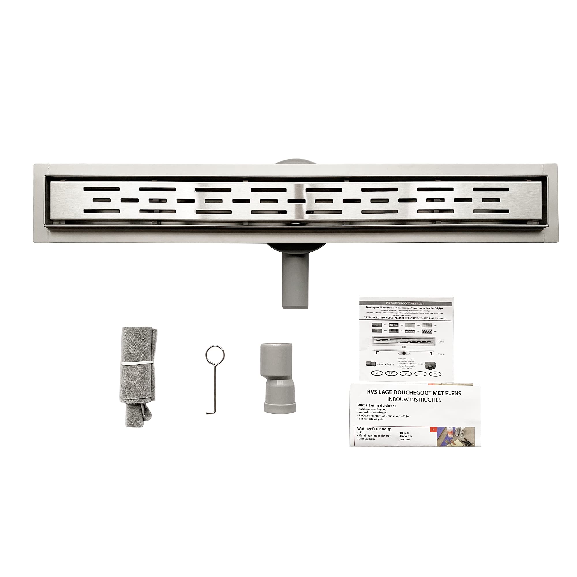 Aica Caniveau de Douche Italienne Acier Inoxydable Siphon Sol Réglable D'évacuation le Modèle Linéaire + 2 en 1 + 360° à Carreler Drain de Douche Rectangulaire Extra Plat Argent (80cm)