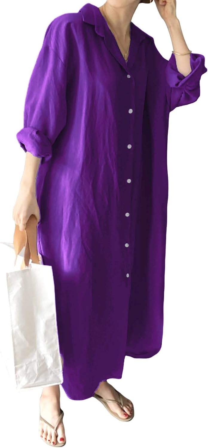 GGUHHU Womens Chic Button Down Rolled-Up Sleeve Long Cotton Blouse Maxi Dress (Large, Purple)