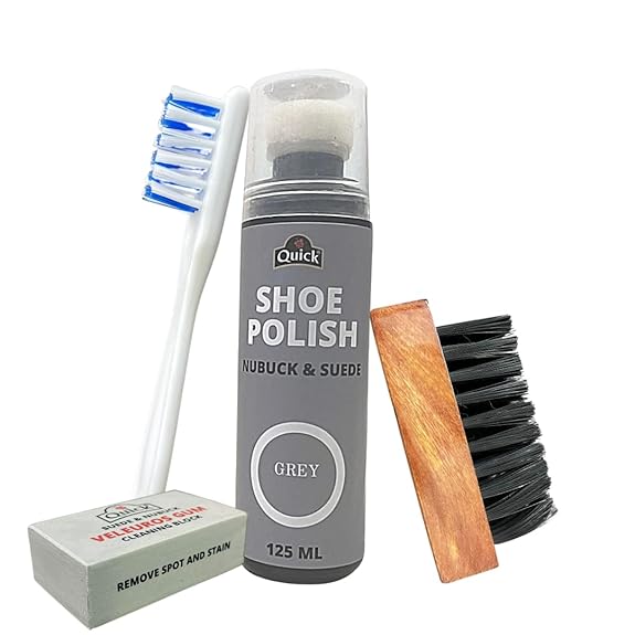 Quick Nubuck and Suede Shoe Polish and Shoe Care Kit | Color - Grey | Pack of 125 ML Shoe Polish Renovator, Handled Brush, Suede Wooden Brush and Cleaning Block. Complete Suede Nubuck Cleaning Kit