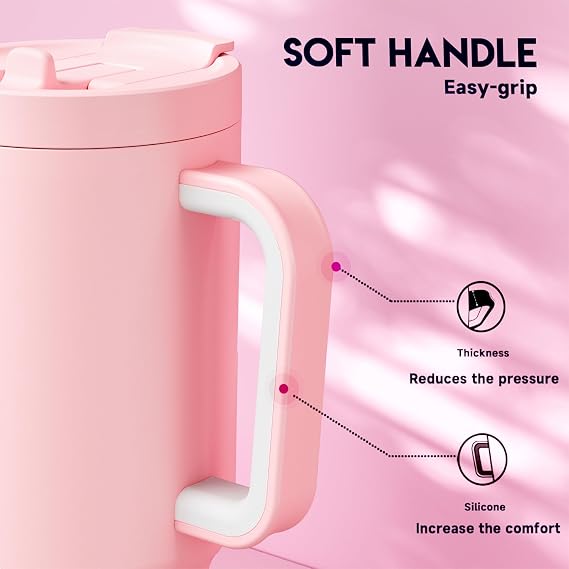 Meoky 32 oz Tumbler with Handle and Flip Straw, 100% Leakproof Tumbler with Lid and Straw, Stainless Steel Insulated Cup, Cupholder Friendly, Keeps Cold for 24 Hours (Blush)
