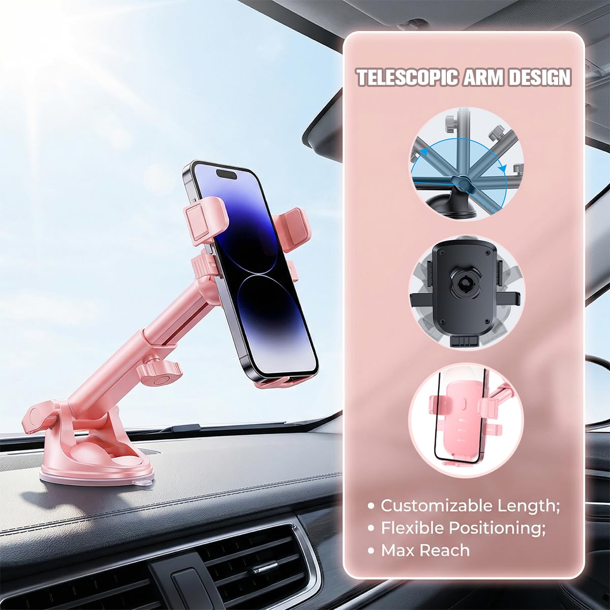 Soporte para teléfono de coche, manos libres, ventosa fuerte, soporte para teléfono celular con gancho de ventilación de aire, soporte interior para teléfono inteligente, ajuste universal