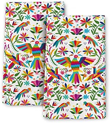 Cukemip Colorful Mexican Traditional Bird Flower Kitchen Towels Decorative Set of 2, Soft Absorbent Dish Towels Boho Hand Towels for Kitchen Farmhouse Holiday Home Decorations