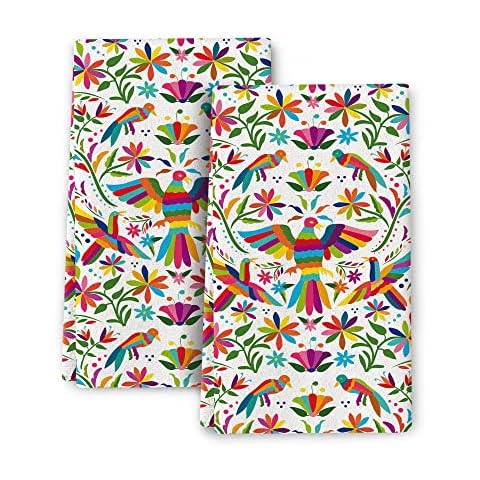 Cukemip Colorful Mexican Traditional Bird Flower Kitchen Towels Decorative Set of 2, Soft Absorbent Dish Towels Boho Hand Towels for Kitchen Farmhouse Holiday Home Decorations Cover