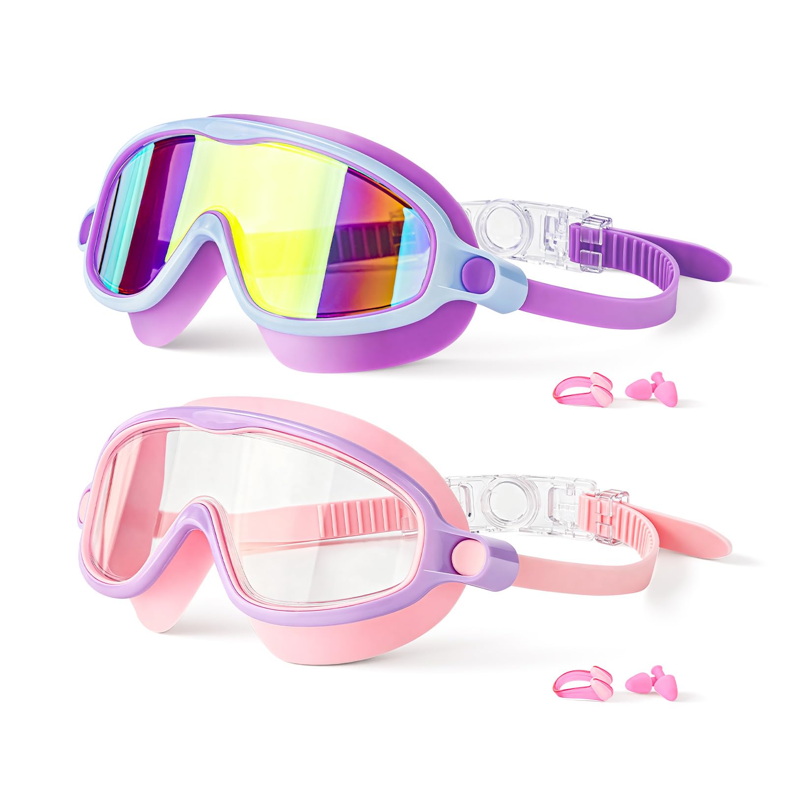 KinfoStore 2 Pack Wide View Swimming Goggles, Anti Fog Leakproof Goggles for Children, Pool & Water Sports Accessories (Purple+Pink)