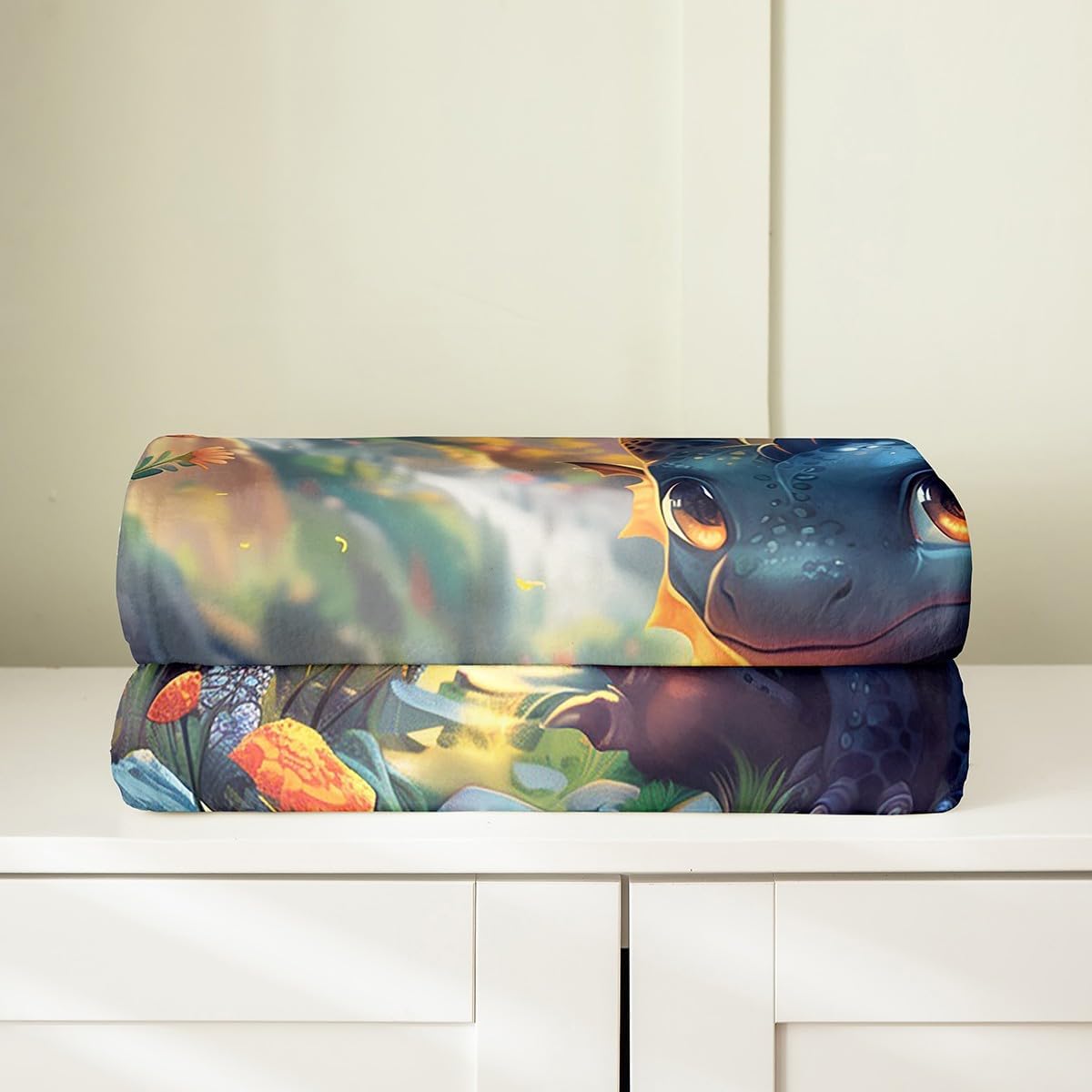 Kawaii Dragon Flannel Blanket Queen 90"x90" Warm Lightweight,Watercolor Jungle Wild Flowers Leaves Flannel Sherpa Blanket,Cute Dragon Animal Kids Bedroom Set Breathable Flannel Plush Blanket