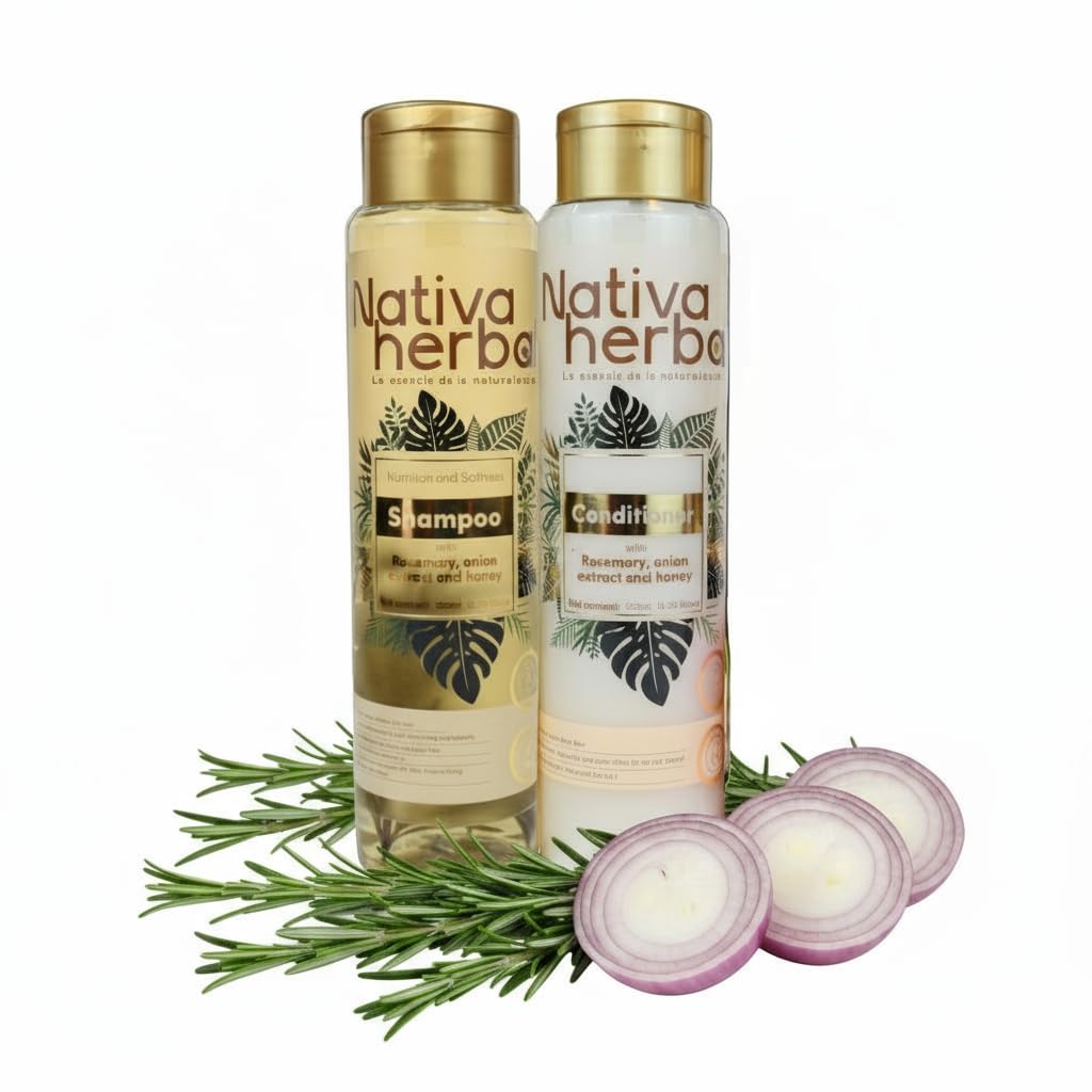 Nativa Herbal Rosemary and Onion Shampoo & Conditioner – Hair Growth and Anti Hair Loss Set, Organic 18.5 fl oz Each, Strengthens Roots, Restores