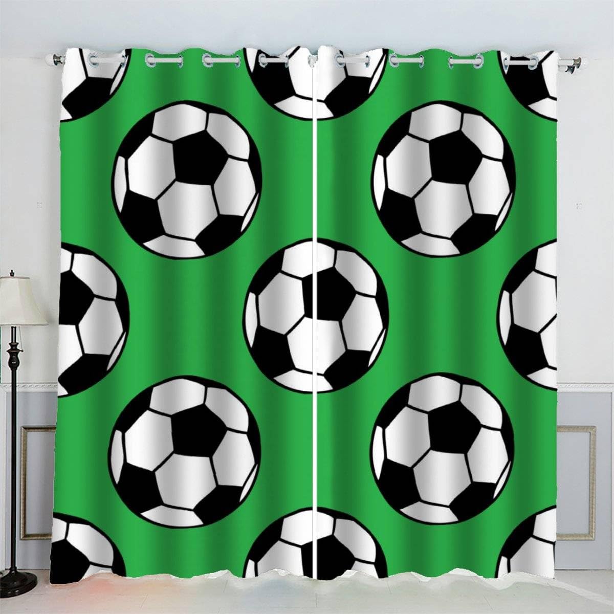 AKATIE Blackout Curtain Football Green Kid Insulated Drapes Sports 3D Print Eyelet Window Curtains for Boys Girls Teens Children kids Bedroom Set of 2 Panels (W150xL166cm)