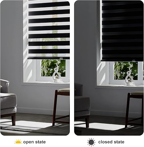 Miniatura 5 de Persilux Persianas estilo cebra sin cordones para ventanas (58 pulgadas de ancho x 72 pulgadas de alto, negro) enrollables, de doble capa con