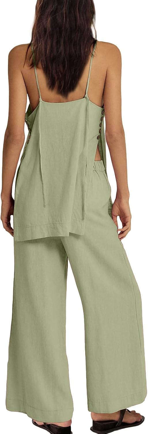 UNIANKIYA 2 Piece Sets for Women Summer Spaghetti Strap Tops and Linen Pants with Pockets Beach Vacation Clothes Casual - Image 3