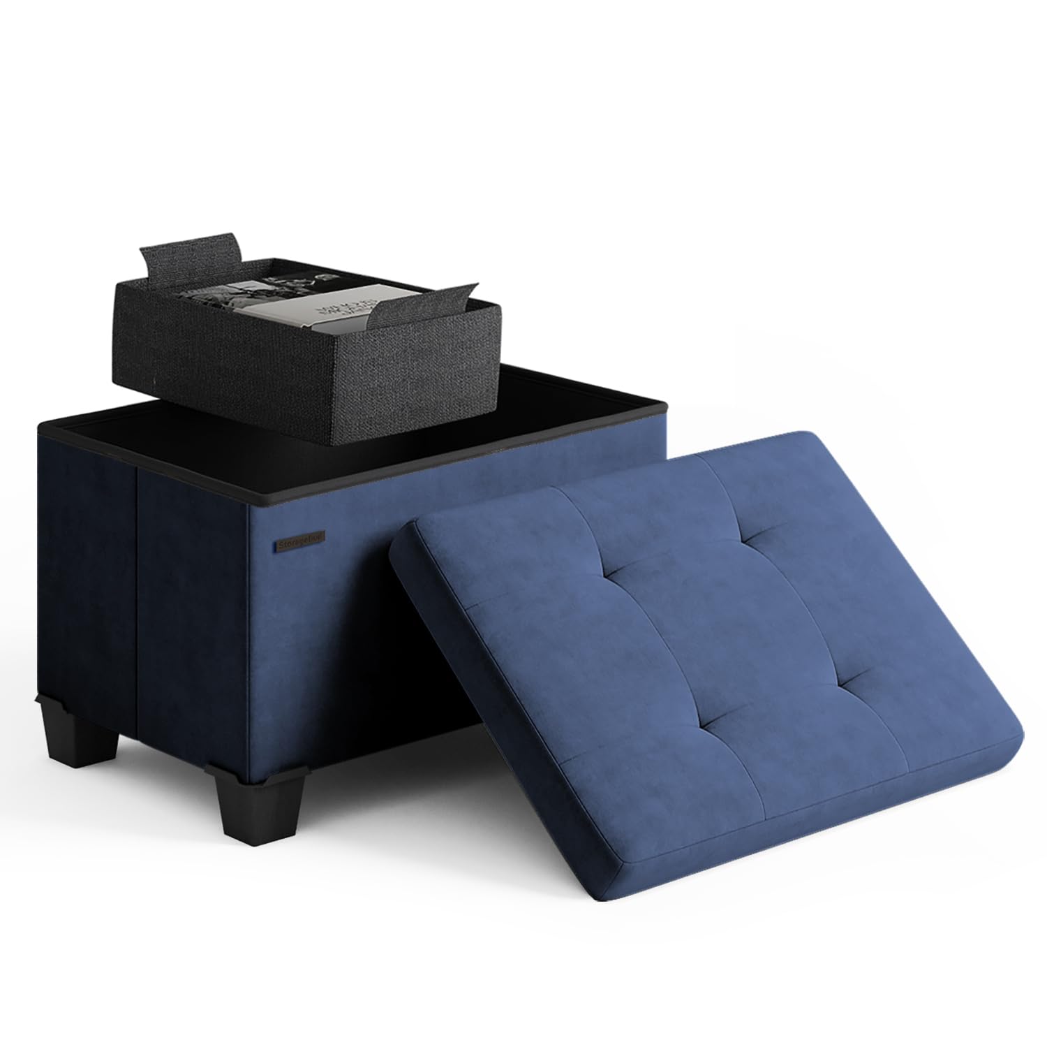 Storage Ottoman Cube with Small Bin, 16-in Square Ottoman with Storage for Living Room and Bedroom, Small Ottomans Foot Rest, Velvet Foot Stools