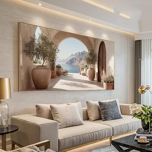 GOSRD Canvas Prints Painting Abstract Archway View With Olive Trees Sea Landscape Print Art Wall(30x60cm /Frameless)