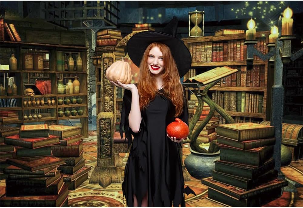 Renaiss 7x5ft Witches Magic Room Backdrop - Halloween Photography Background with Bookshelf, Candle, Cauldron - Perfect for Parties & Photo Booths