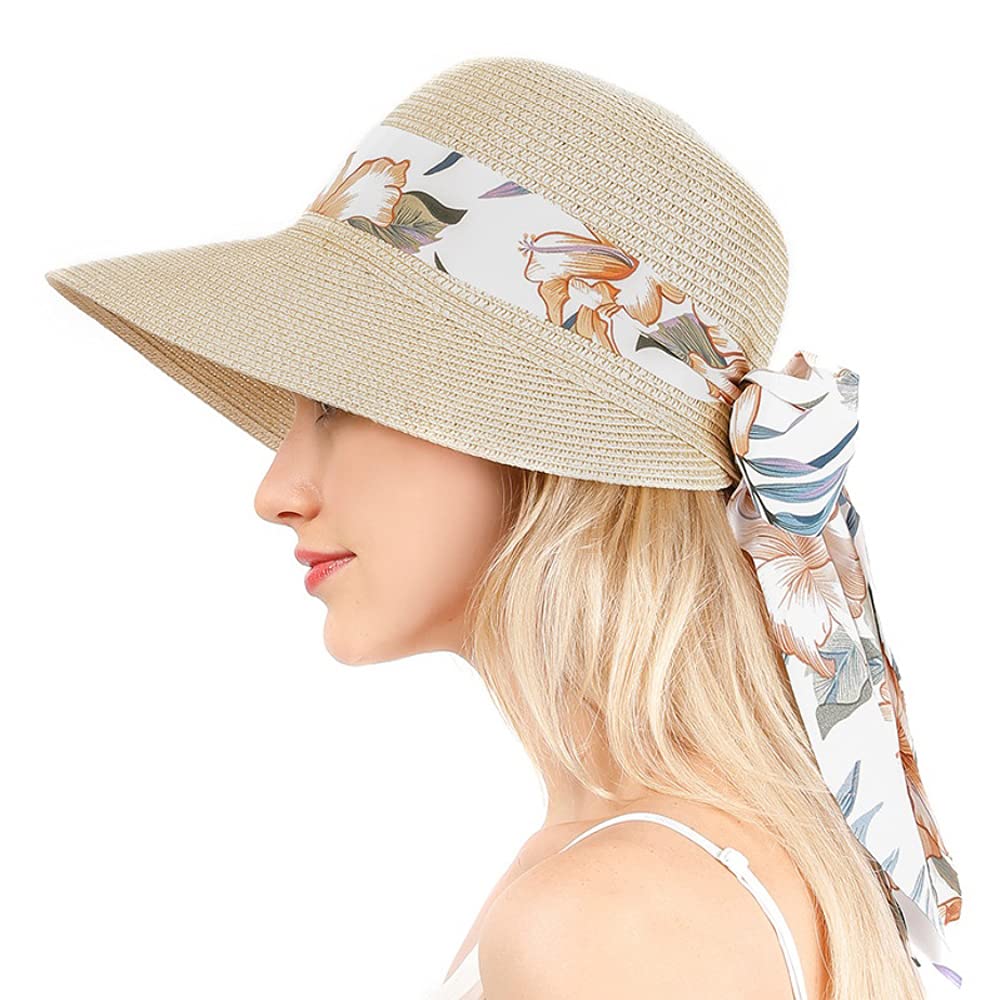 Acmede Women's Beige Summer Sun Hats Straw Visor Hat For With Uv Protection Upf 50 Wide Brim Summer Straw Beach Hat Foldable Ponytail Bowknot Floppy Sun Hat For One Size (Beige)