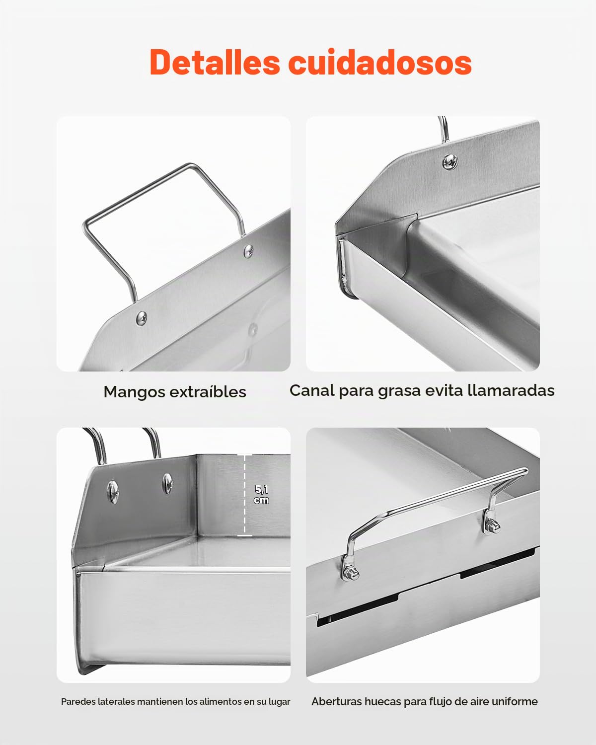 VEVOR Parrilla de Acero Inoxidable con Placa Rectangular Universal 425 x 270 mm con Superficie Plana, Plancha de Gas para Barbacoa, Utensilios de Cocina Portátiles con Asa, Color Acero Original