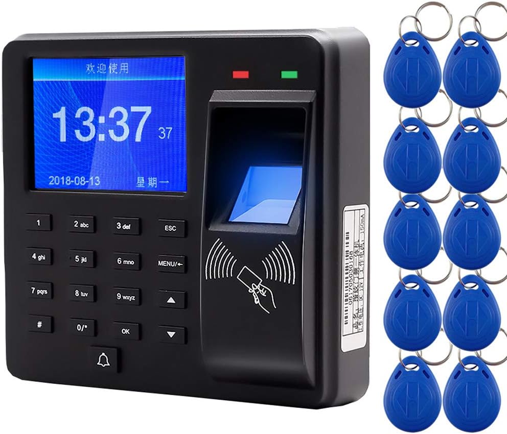 AMAO Biometric RFID Fingerprint Access Controller Keypad 125KHz ID Card Reader for Door Entry Access Control System, With Time clock Attendance Machine Employee, Support USB U-Disk + 10 RFID keyfobs