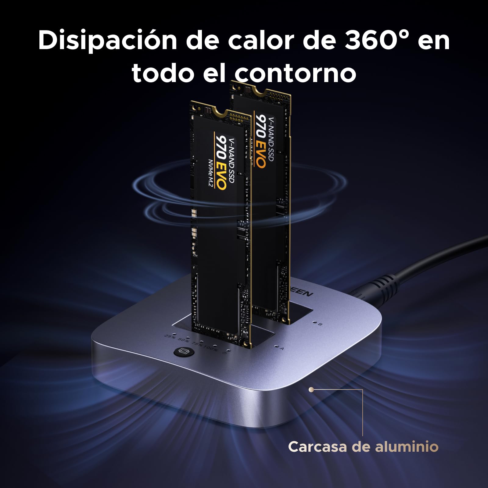 UGREEN Docking Station de Doble Bahía M.2 NVMe 20Gbps, USB 3.2 Gen 2 Caja SSD NVMe Dual Bay para SSD PCIe M/MB Key Compatible con Clonación Fuera de Línea, UASP, Trim y S.M.A.R.T.