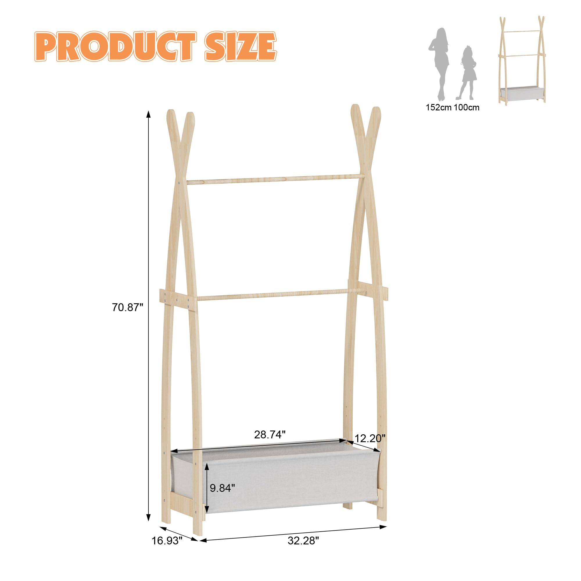NACHES Kinder Kleiderständer Holz, Garderobenständer mit Aufbewahrungskiste und Kleiderstange, Kindergarderobe für Kinderzimmer, Mädchen (82 x 43 x 180cm)