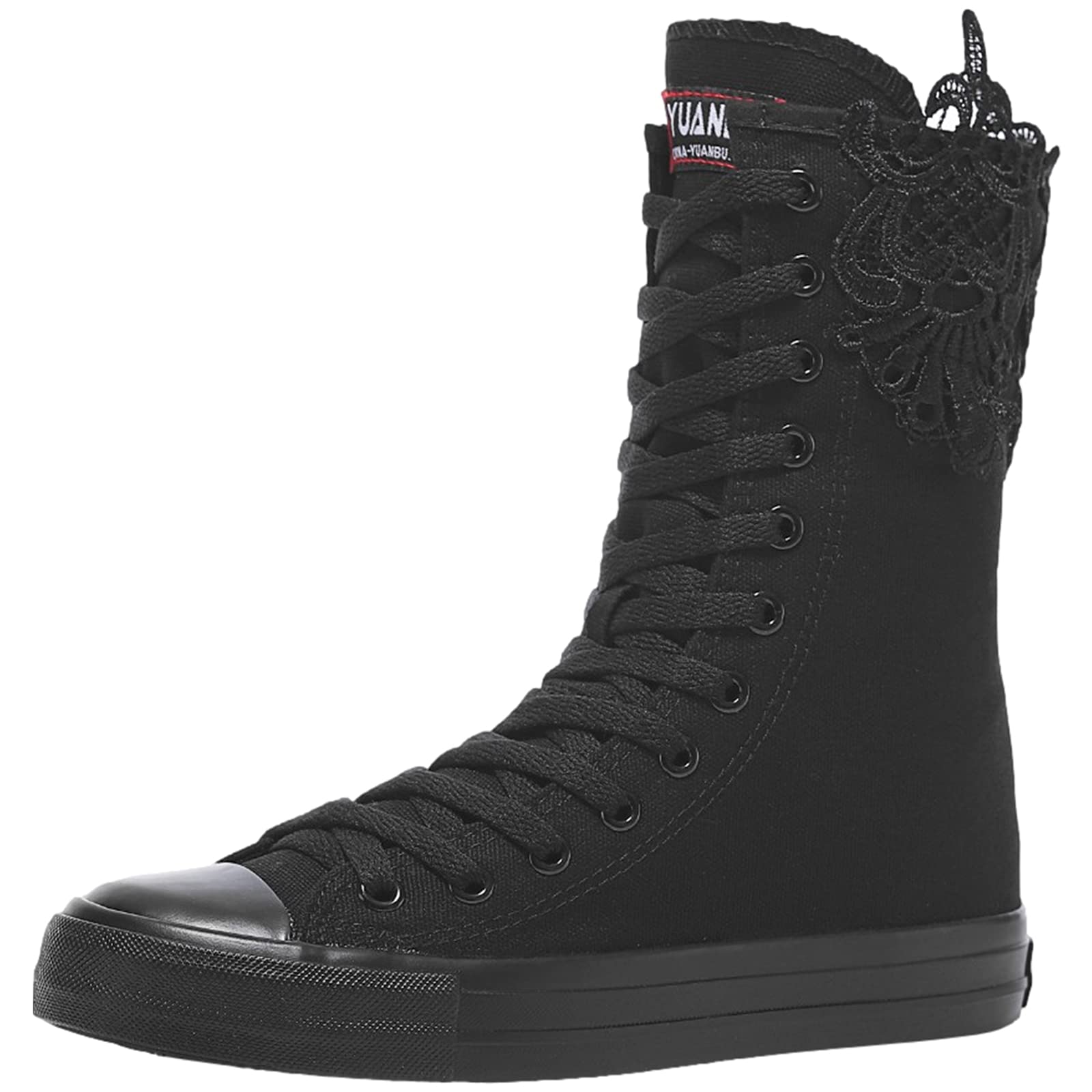 rismart Donna Tela Stivali Metà Polpaccio Punk High Tops Stringate Scarpe
