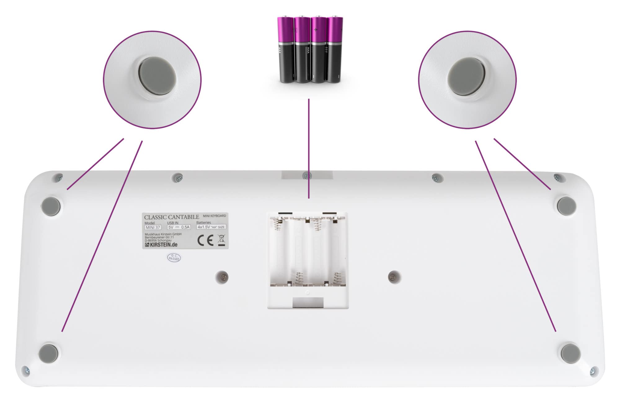 Classic Cantabile MINI-37 Keyboard - 37 Mini-Tasten - Stromversorgung über USB-C oder Batterien - 100 Sounds und Rhythmen - USB-MIDI - Lautsprecher und Kopfhörerausgang - weiß-pink