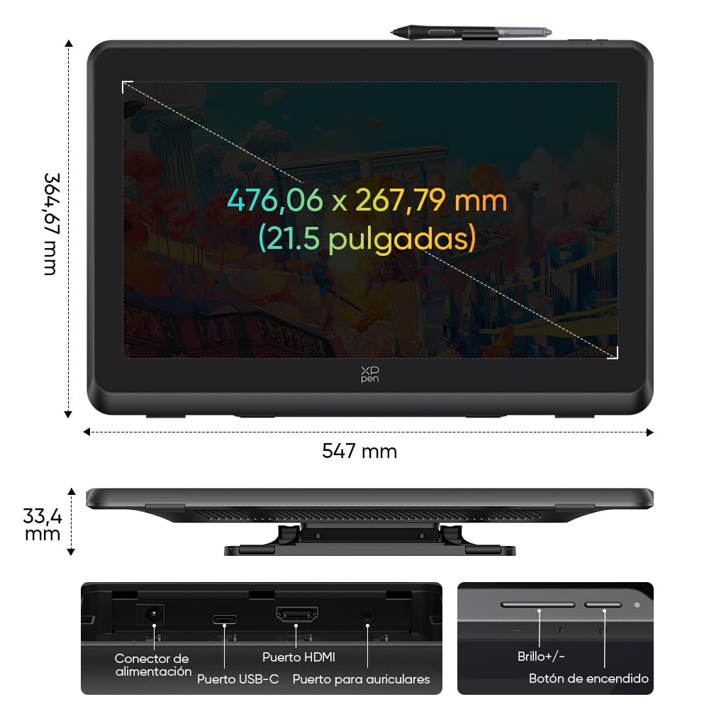 XPPen Artist 22 Plus Tableta Gráfica con Pantalla FHD 16K Niveles de 22" | Tableta Gráfica Dibujo Digital 130% sRGB Lápiz X3 Pro, Compatible con Windows,macOS,Chrome,Android,Linux