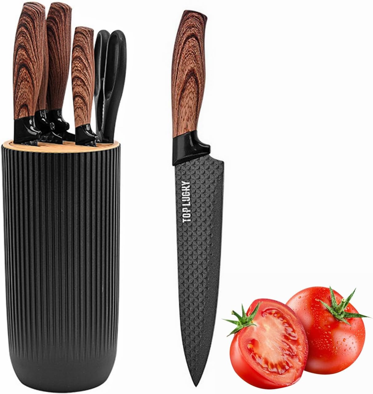 Kitchen Knife Set, 6-Pieces Luxury Wooden Coating Knife Set, Light Wood Grain Handle, Stainless Steel Non-Stick Sharp Blade Chef Knife Set with Cylindrical Knife Block for Gift Kitchen Knife Set, 6-Pieces Luxury Wooden Coating Knife Set, Light Wood Grain Handle, Stainless Steel Non-Stick Sharp Blade Chef Knife Set with Cylindrical Knife Block for Gift