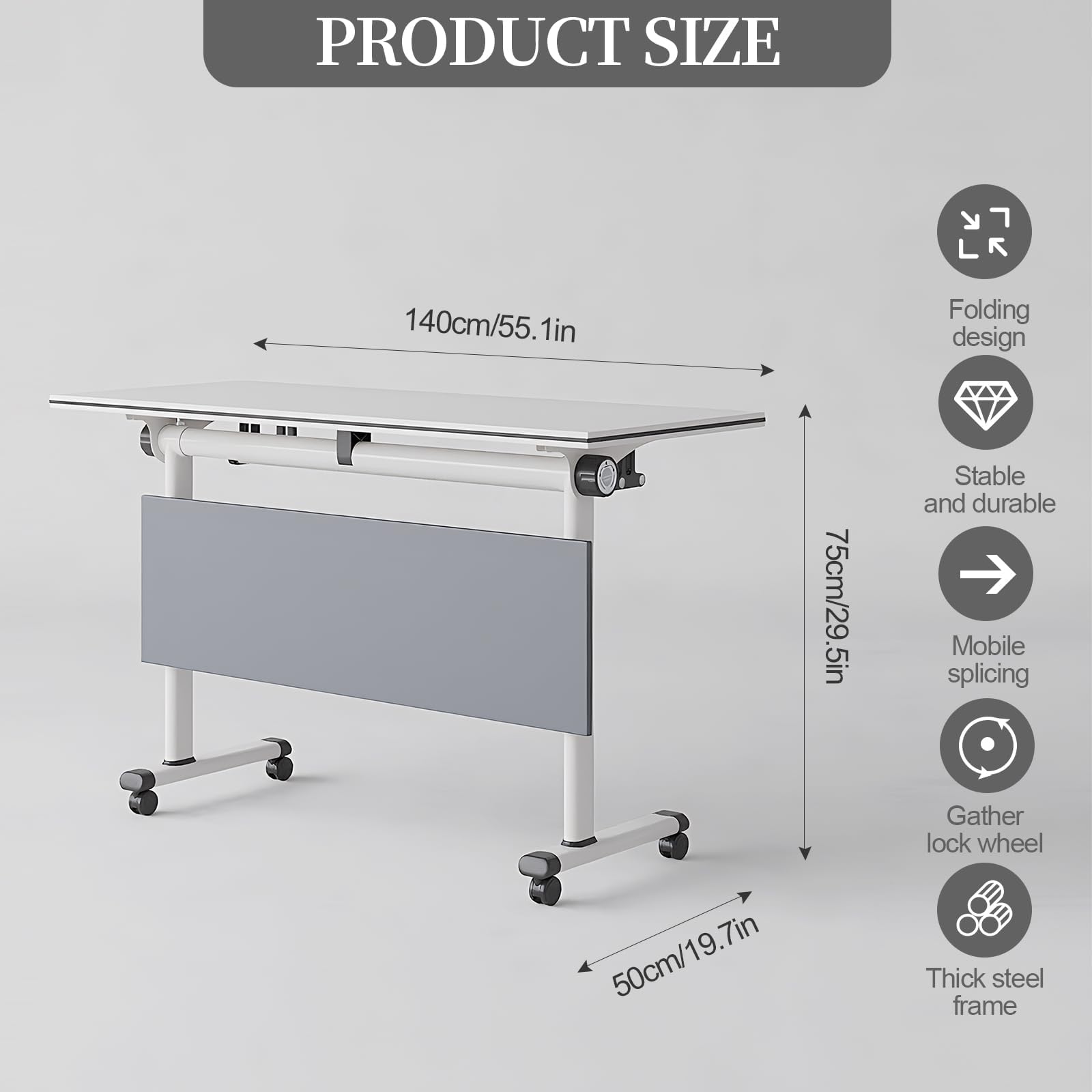 Mobiler Konferenztisch, zusammenklappbar, moderner Konferenztisch mit Klappdeckel für Büro, Seminar, Klassenzimmer, tragbar, Weiß, 2 Stück, Größe 140 x 50 x 75 cm