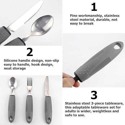 Miniatura 3 de Juego de utensilios adaptativos para personas mayores, cubiertos con peso de 3 piezas para temblores de manos, artritis y Parkinson, asas de fácil